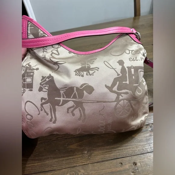 Coach Horse and Carriage Signature Sateen Jacquard Hobo Bag w/ Pink Trim - Picture 3 of 9